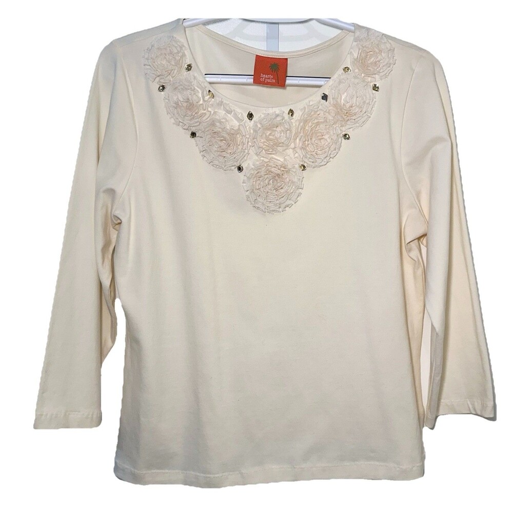 Hearts of Palm Ivory Floral Applique Embellished 3/4 Sleeve Top M
